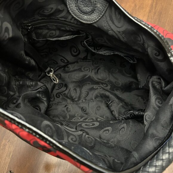 Brighton Jillian Rose Print Nylon Fabric Leather Hobo Bag Red Black - Picture 5 of 16